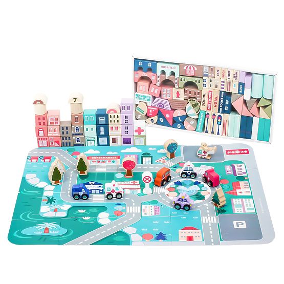 Blocuri educative din lemn oraș cu bază 115 bucăți ECOTOYS