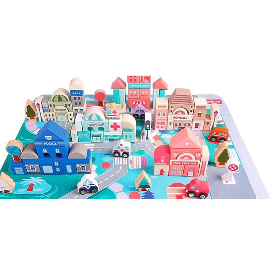 Blocuri educative din lemn oraș cu bază 115 bucăți ECOTOYS