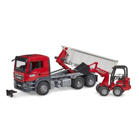 Camion Bruder MAN TGS cu container și încărcător Schäffer Hoflader