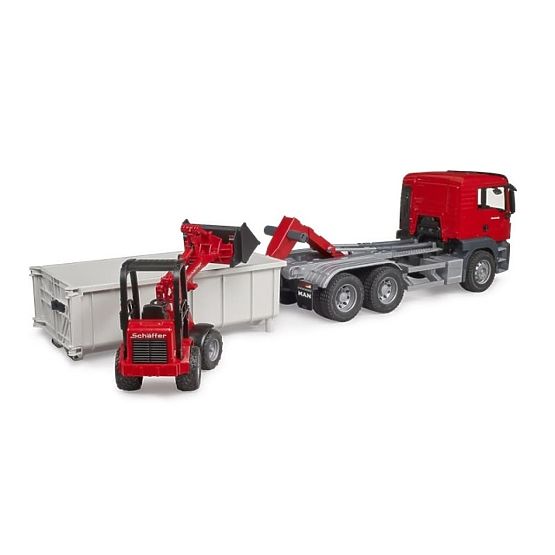 Camion Bruder MAN TGS cu container și încărcător Schäffer Hoflader
