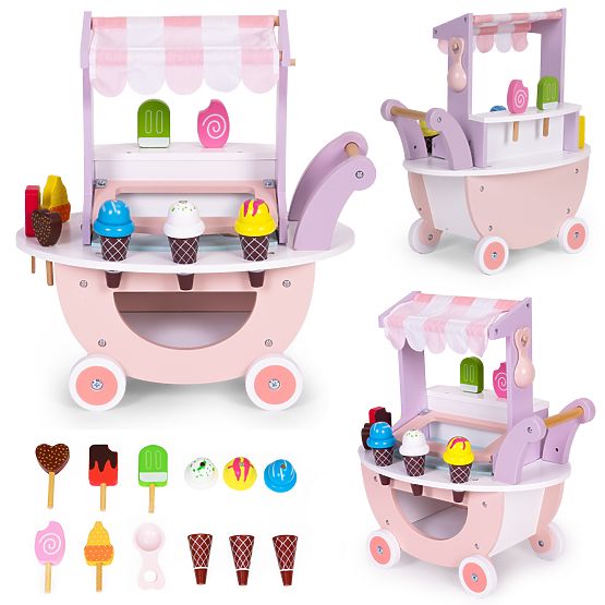 Cărucior din lemn pentru înghețată pentru copii, magazin cu 12 elemente ECOTOYS