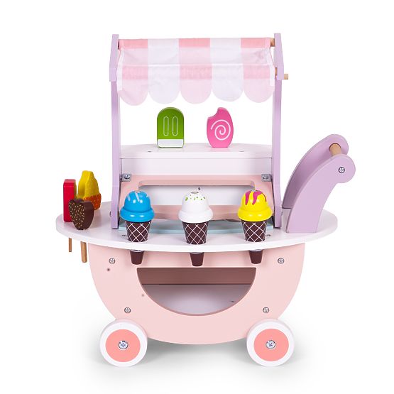 Cărucior din lemn pentru înghețată pentru copii, magazin cu 12 elemente ECOTOYS