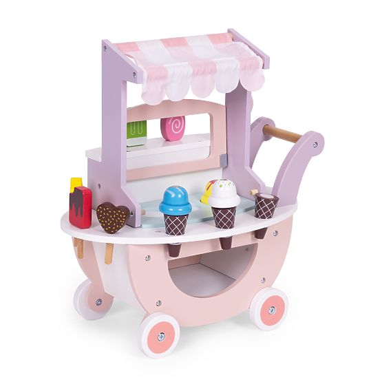 Cărucior din lemn pentru înghețată pentru copii, magazin cu 12 elemente ECOTOYS