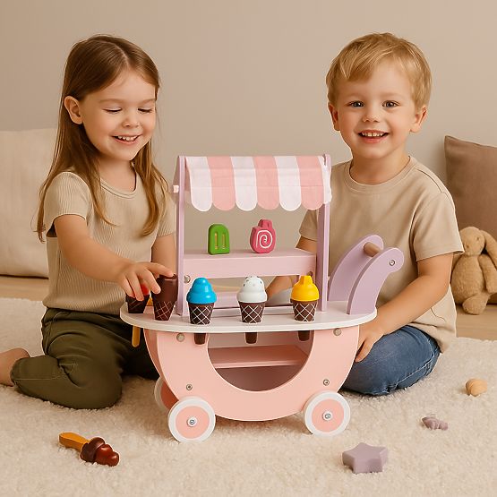 Cărucior din lemn pentru înghețată pentru copii, magazin cu 12 elemente ECOTOYS