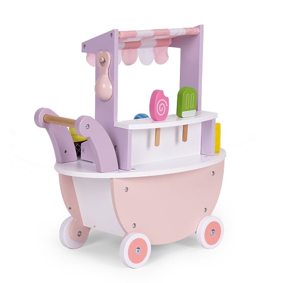 Cărucior din lemn pentru înghețată pentru copii, magazin cu 12 elemente ECOTOYS