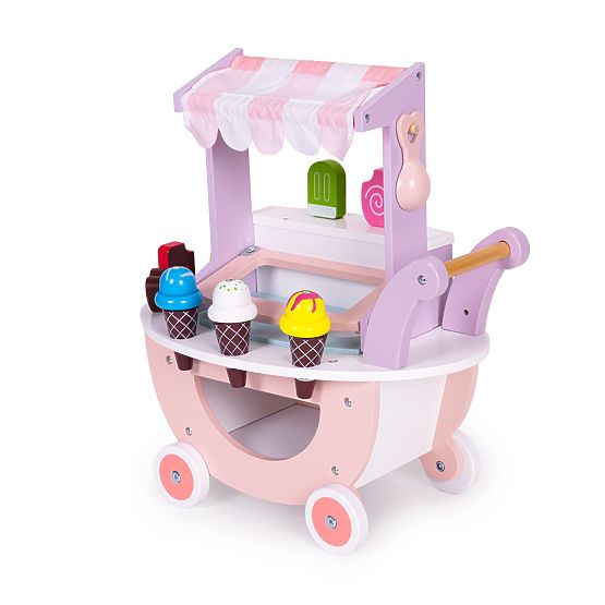 Cărucior din lemn pentru înghețată pentru copii, magazin cu 12 elemente ECOTOYS