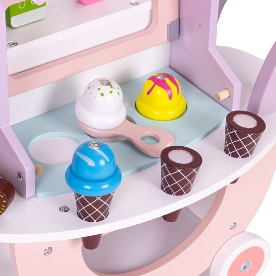 Cărucior din lemn pentru înghețată pentru copii, magazin cu 12 elemente ECOTOYS