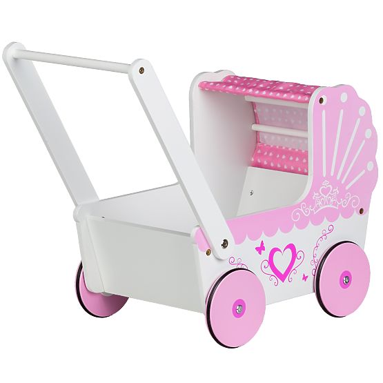 Cărucior din lemn pentru păpuși cu baldachin ECOTOYS