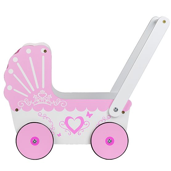 Cărucior din lemn pentru păpuși cu baldachin ECOTOYS