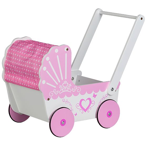 Cărucior din lemn pentru păpuși cu baldachin ECOTOYS