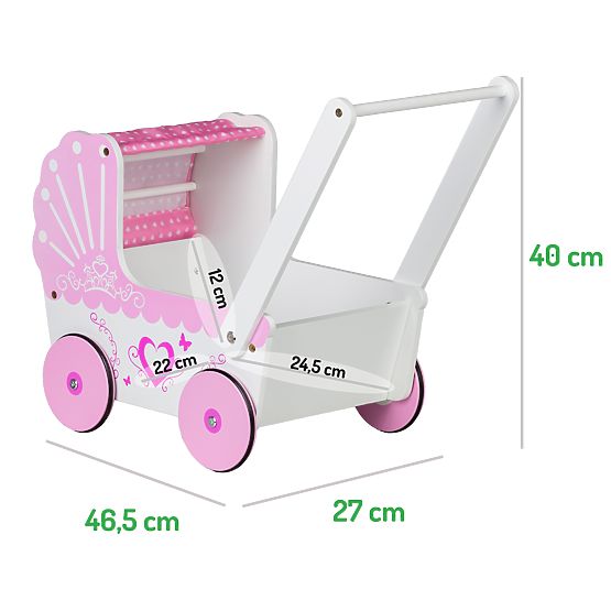 Cărucior din lemn pentru păpuși cu baldachin ECOTOYS