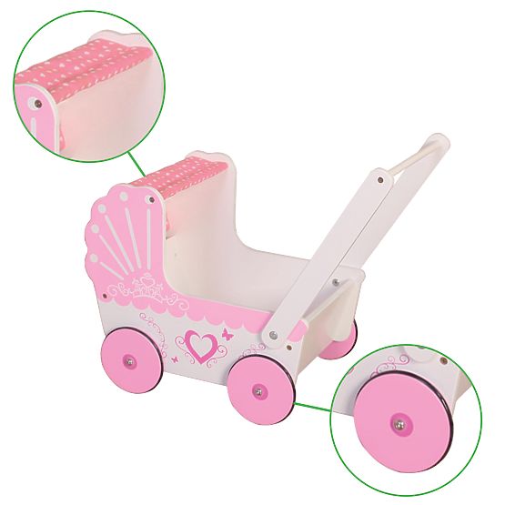Cărucior din lemn pentru păpuși cu baldachin ECOTOYS