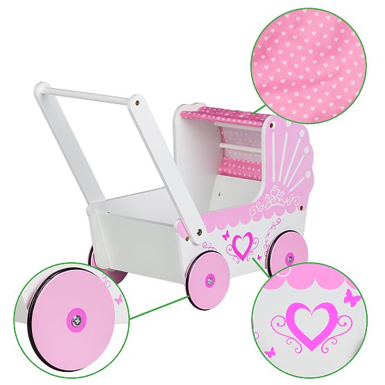 Cărucior din lemn pentru păpuși cu baldachin ECOTOYS