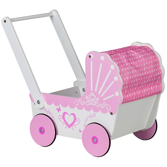Cărucior din lemn pentru păpuși cu baldachin ECOTOYS