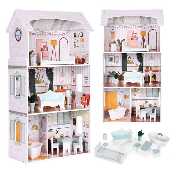 Casă de păpuși Alice 3 etaje 4 camere set 9 mobilier ECOTOYS