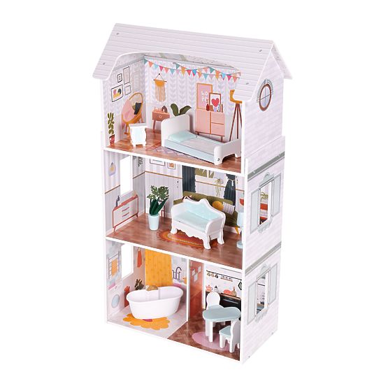 Casă de păpuși Alice 3 etaje 4 camere set 9 mobilier ECOTOYS