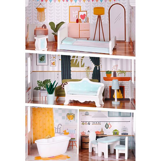 Casă de păpuși Alice 3 etaje 4 camere set 9 mobilier ECOTOYS