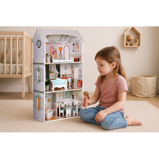 Casă de păpuși Alice 3 etaje 4 camere set 9 mobilier ECOTOYS