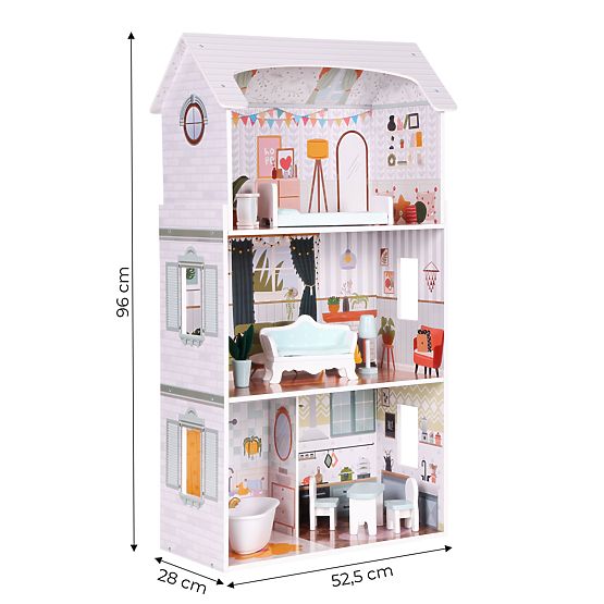 Casă de păpuși Alice 3 etaje 4 camere set 9 mobilier ECOTOYS