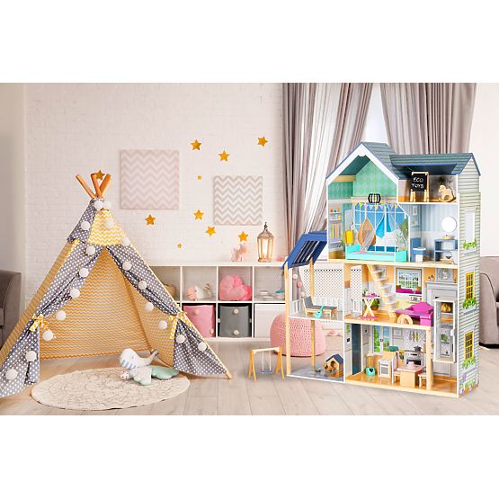 Casă mare de păpuși din lemn 138 cm Reședința Maya 28 piese ECOTOYS