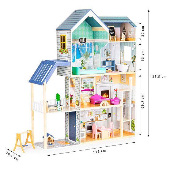 Casă mare de păpuși din lemn 138 cm Reședința Maya 28 piese ECOTOYS
