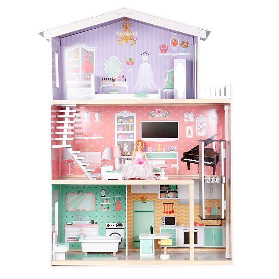 Casă mare din lemn pentru păpuși cu lift și mobilier ECOTOYS