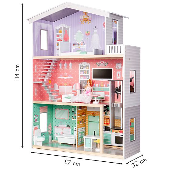 Casă mare din lemn pentru păpuși cu lift și mobilier ECOTOYS