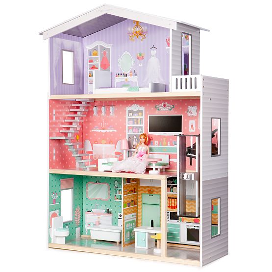 Casă mare din lemn pentru păpuși cu lift și mobilier ECOTOYS