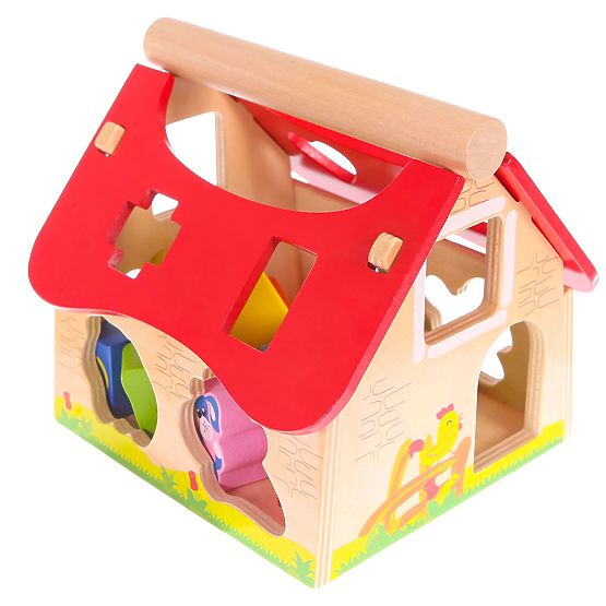 Căsuță din lemn, fermă sortator cu cuburi ECOTOYS