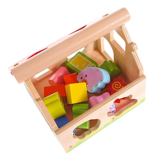 Căsuță din lemn, fermă sortator cu cuburi ECOTOYS