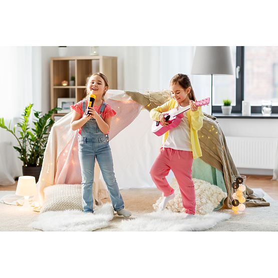 Chitară din lemn pentru copii cu corzi metalice și pană roz ECOTOYS