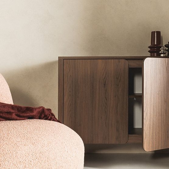 Comodă cu două uși Moku nuc villa, suprafețe frontale rotunjite