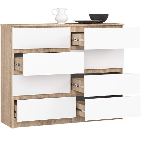 COMODĂ K 120 cm 8 SERTARE PK SONOMA / ALB