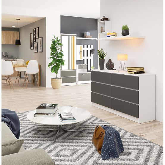 Comodă K 140 cm 6 sertare PK alb-grafit gri