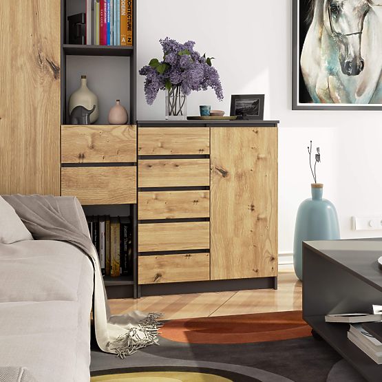 COMODĂ K80 1D 5SZ PK GRAFIT GRI / STEJAR ARTISAN