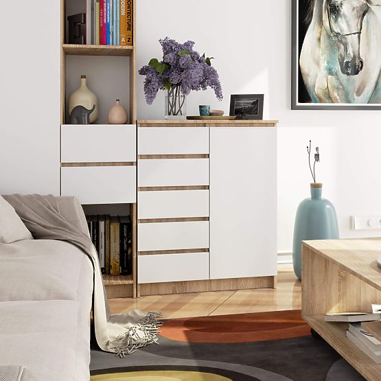 COMODĂ K80 1D 5SZ PK STEJAR SONOMA / ALB