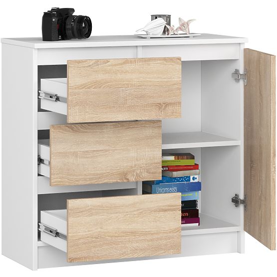 COMODĂ K80 JERRY 1D 3SZ PK ALBĂ / STEJAR SONOMA