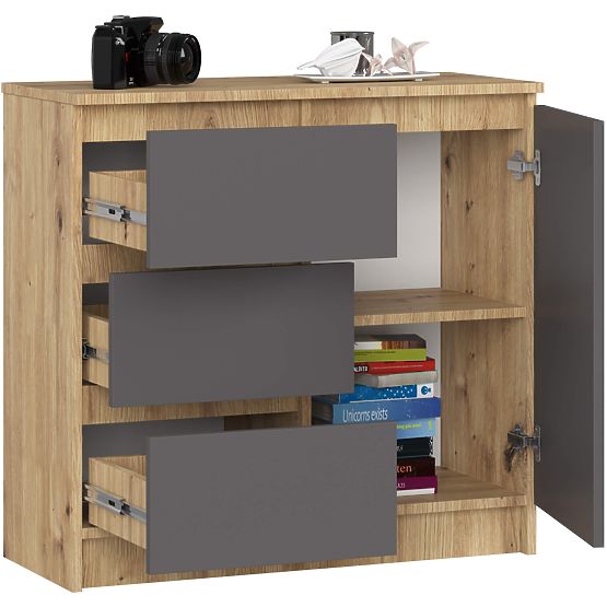 COMODĂ K80 JERRY 1D 3SZ PK STEJAR ARTISAN / GRAFIT GRI