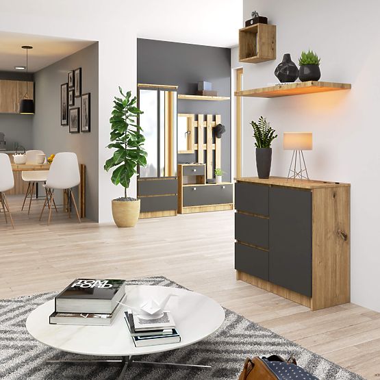 COMODĂ K80 JERRY 1D 3SZ PK STEJAR ARTISAN / GRAFIT GRI