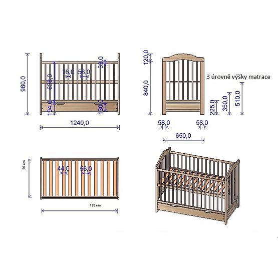 Pătuț pentru copii Alek cu bare detașabile - natural