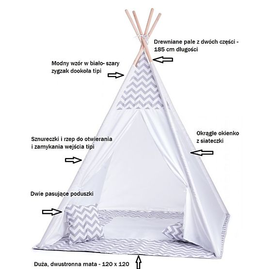 Cort tipi pentru copii gri-alb