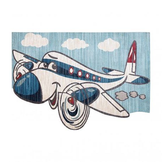 Covor modern pentru copii TOYS 75320 AVION, efect 3D, formă neregulată, albastru, turcoaz, crem