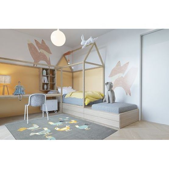 Covor PASTEL 18413/072 - Pui Cocoși Gri Turcoaz