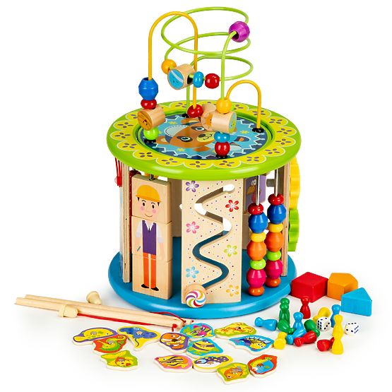 Cub educațional din lemn cu jocuri și cuburi pescuit ECOTOYS