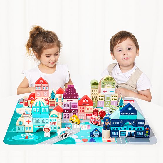 Cuburi educative din lemn oraș cu suport 121 piese ECOTOYS