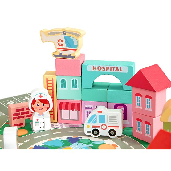Cuburi educative din lemn oraș cu suport 121 piese ECOTOYS