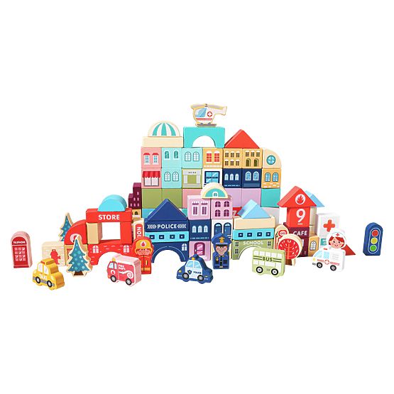 Cuburi educative din lemn oraș cu suport 121 piese ECOTOYS