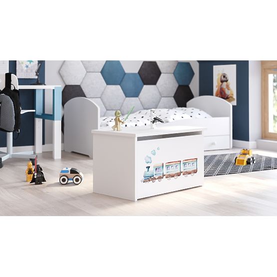 Cufăr pentru jucării Daria alb cu imprimare Tren