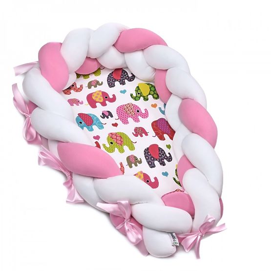 Cuib de bebeluș 2in1 - Elefant roz-alb