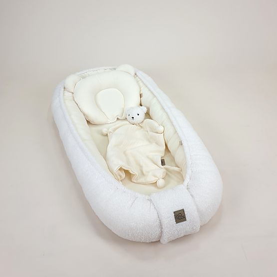Cuib pentru copii Teddy din muselină și material de tip lână - ecru
